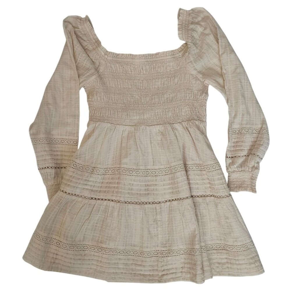 American Eagle Beige Boho Smocked Long Sleeve Mini Dress Women's Size Large - Picture 3 of 16